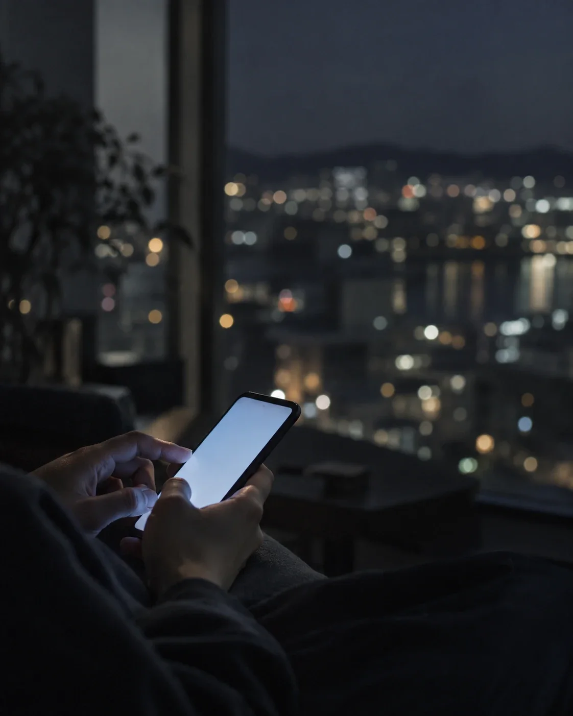 夜の岡山の街を背景に、スマートフォンを手にする様子