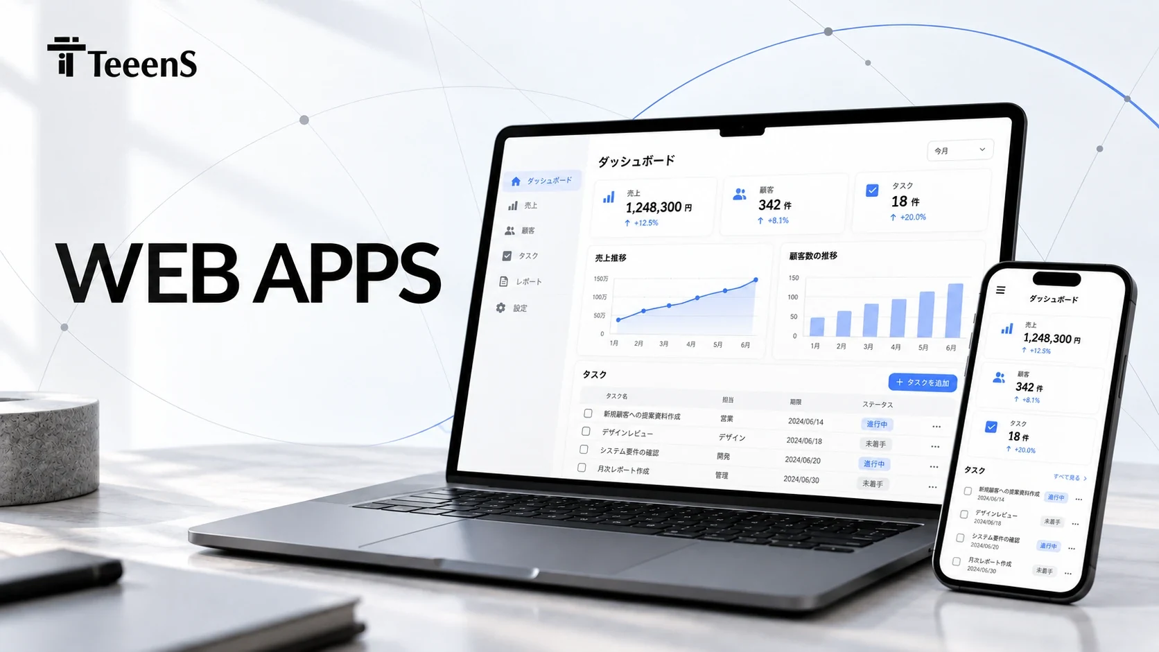 TeeenSのWEBアプリ開発のイメージ(パソコンとスマートフォン)